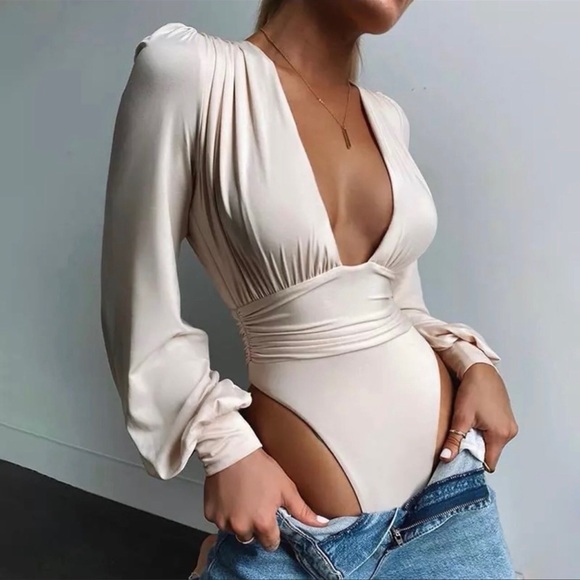 Lena Vie Boutique Other - Brunch Date Balloon Sleeve Shine Bodysuit, Sexy Slimming Bodysuit V Neck Blouse
